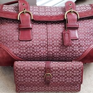 Dark Red Coach logo large sized purse and wallet